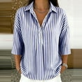 thumbnail image 2 of Qgtaibl Womens Striped Tunic Tops Trendy 3/4 Length Sleeve Lapel Half Button Down Shirts Lightweight Loose Fit Casual Blouse Blue XXL, 2 of 7