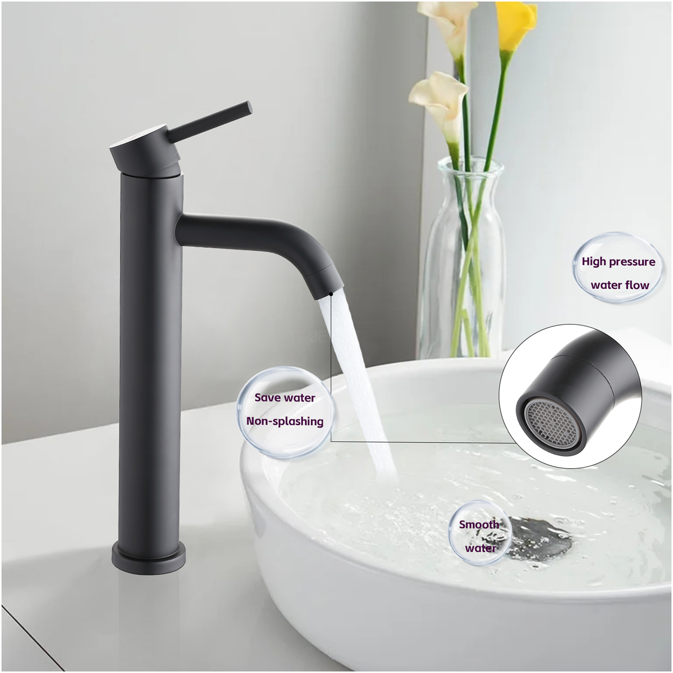 JERFIT Matte Black Tall Single Handle Vessel Bathroom Sink Faucet, High Arc Modern 1 Hole Deck Mount Lavatory Faucet with Brass Valve