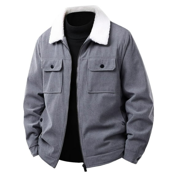 YYDGH Men's Corduroy Trucker Jackets Vintage Fleece Sherpa Lined Jacket Lapel Fall Zip Up Long Sleeve Thickened Winter Coats Dark Gray M