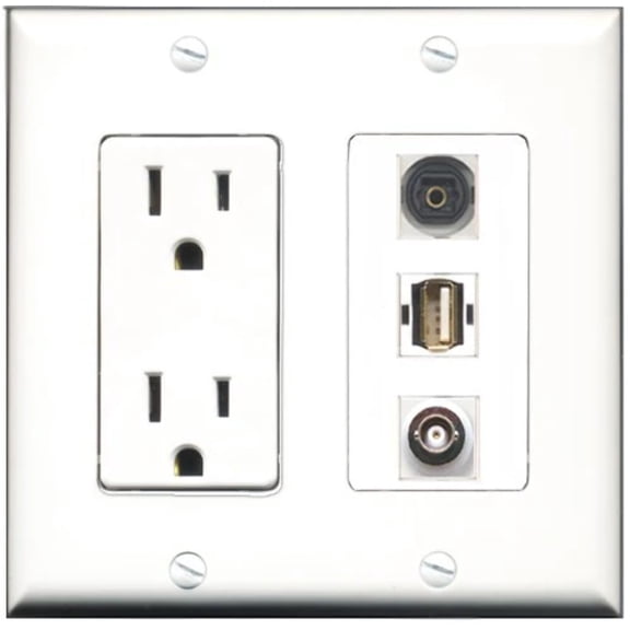 RiteAV - 15 Amp Power Outlet 1 Port USB A-A 1 Port Toslink 1 Port BNC Decorative Wall Plate