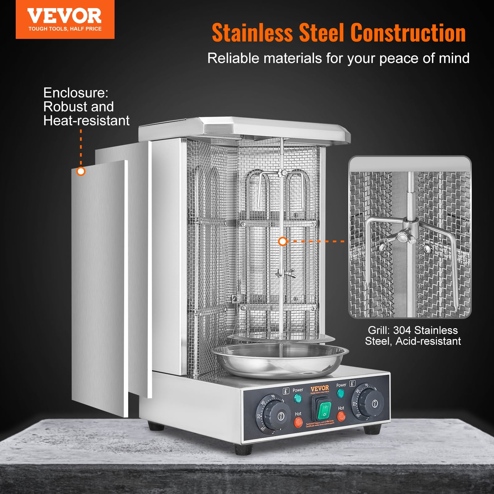 VEVOR Shawarma Grill Machine, 13lbs Capacity, Chicken Cooker Machine with 2 Burners, 122℉-572℉ Electric Vertical Broiler for Home/Commercial