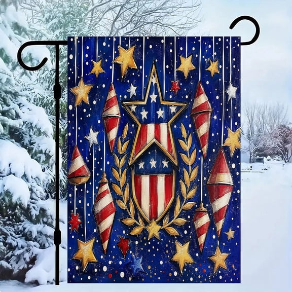 RKSupls Patriotic Linen Double Sided Garden Flag, Independence Day Themed Yard Decor, Shield Firecrackers Gold Stars Blue Outdoor Banner for Holiday Lawn