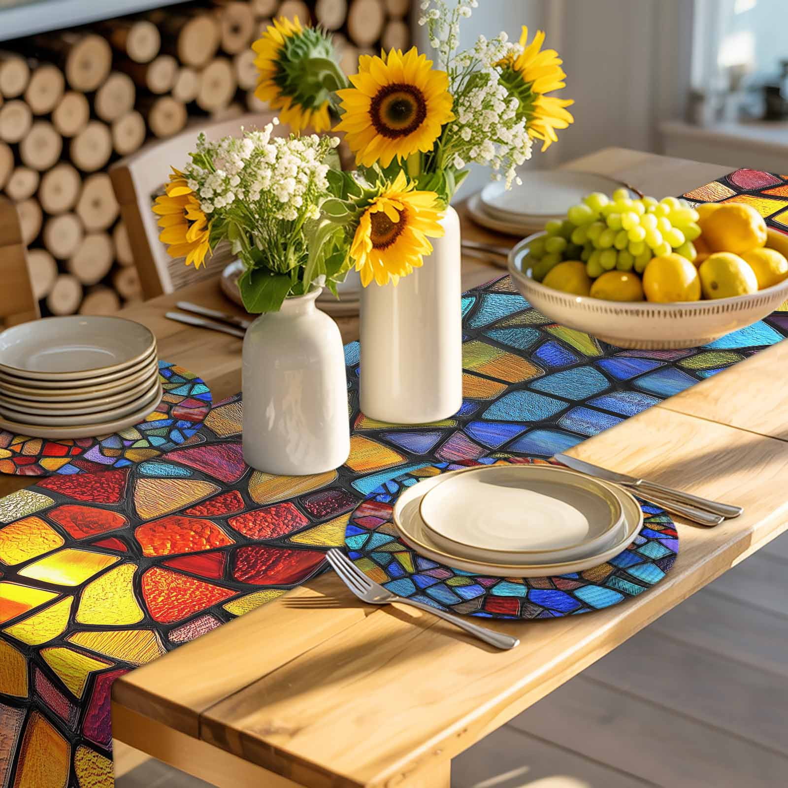 Blue Red Yellow Round 15 Inch Placemats Set of 8, Modern Colored Rainbow Stained Glass HeatResistant Non Slip Place Mats for Dining Table, Wipeable Braided Kitchen Table Mats for Housewarming