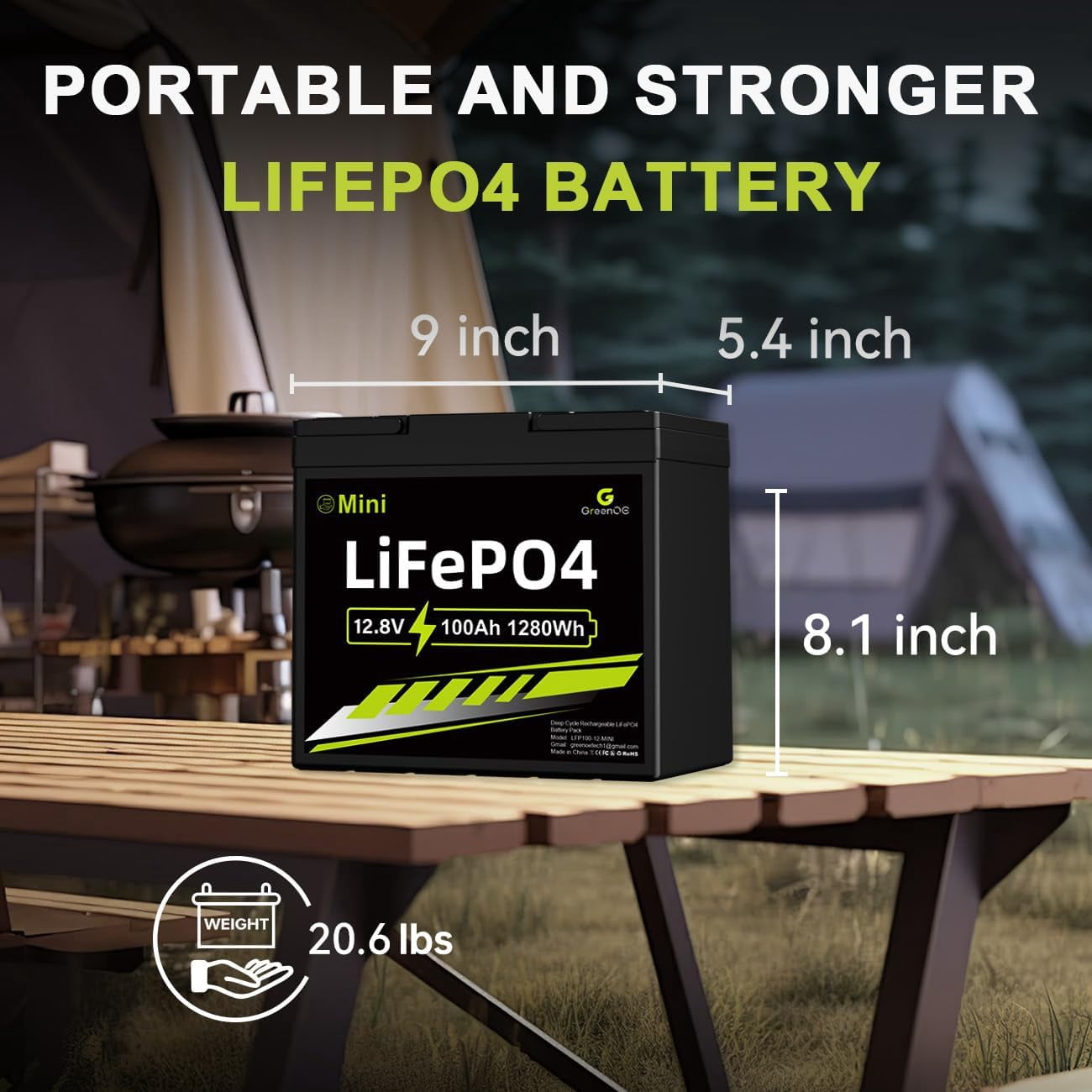 GreenOE 12V 100Ah Mini LiFePO4 Battery,Deep Cycle Battery with 100A BMS, 1280Wh, up to 15000 Cycles, Lithium Battery for RVs, Trolling Motor & Solar System