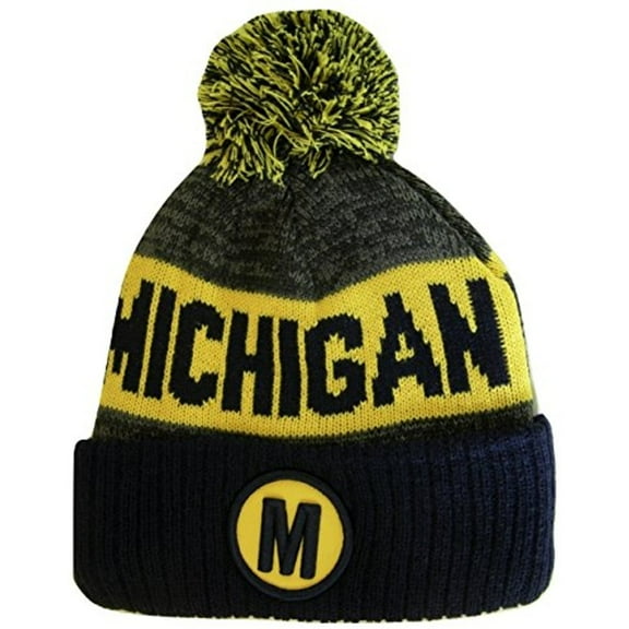 BVE Sports Novelties Michigan M Patch Ribbed Cuff Knit Winter Hat Pom Beanie (Navy/Gold Patch)