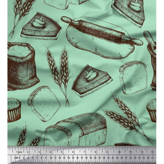 Soimoi Cotton Cambric Fabric Rolling Pin,Wheat & Sandwich Bread Food Fabric Prints By Yard 42 Inch Wide