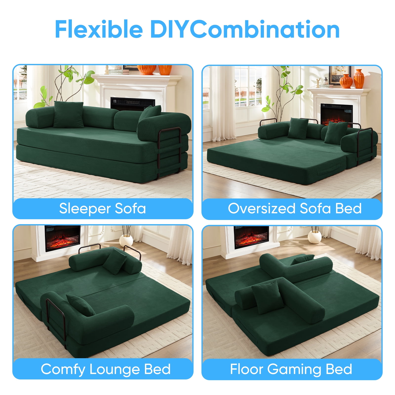 ZAFLY Folding Sofa Bed | Convertible Futon Sleeper Couch | Modern Floor Mattress | Corduroy Sofas and Couches for Living Room - Green
