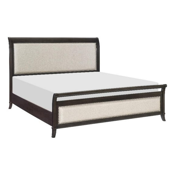 Pemberly Row King Bed with Upholstered Headboard in Dark Cherry/Beige