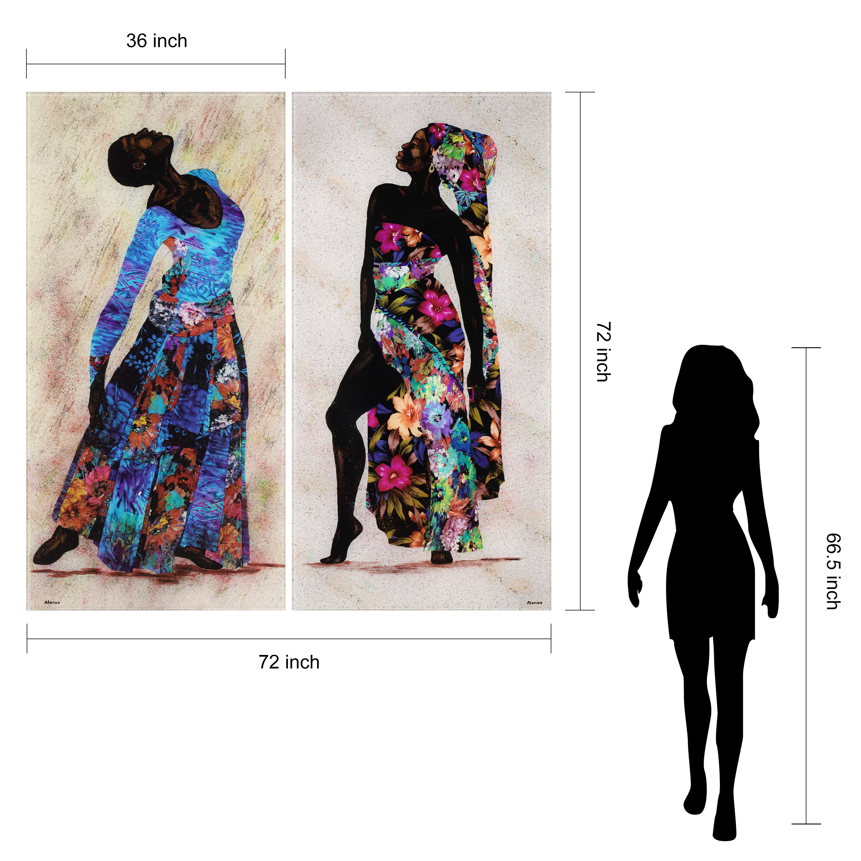 "Her Beauty I & II" Oversized 72"x 36" Frameless Free-Floating Reverse Printed Tempered Art Glass Panels Set