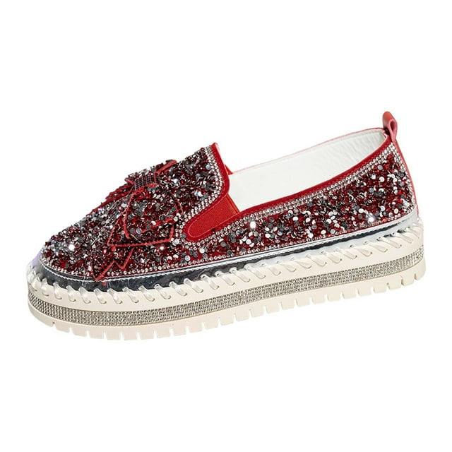 XIMIN Espadrilles à Enfiler pour Femmes à Plateforme avec Strass et Paillettes, Mignonnes avec Nœud, Plates pour la Marche, Mocassins Confortables en Toile Respirante, Couture à la Main, Plateforme, Chaussures Décontractées et Mode pour Robe