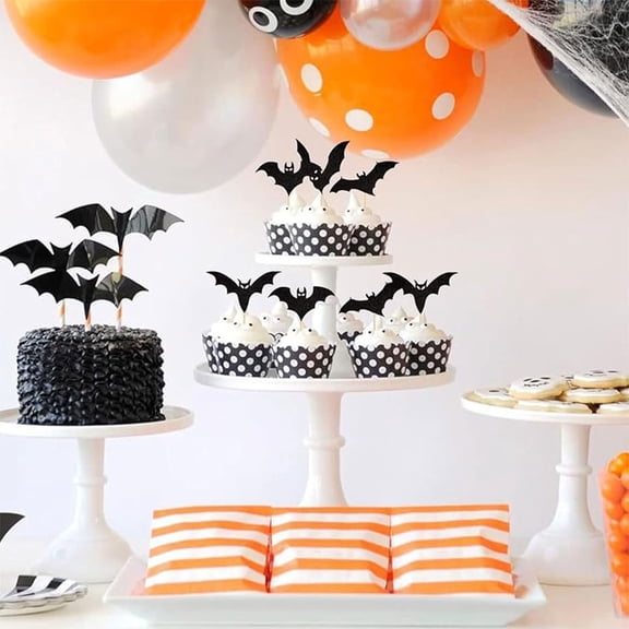 AuroraX Halloween Cupcake Toppers Black Glitter Cupcake Picks 24 Pcs Decorative Bat Shape Metallic Finish Halloween Party Decorations