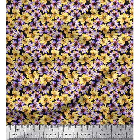 Soimoi Black Cotton Duck Fabric Daisies Watercolor Printed Fabric 1 Yard 44 Inch Wide