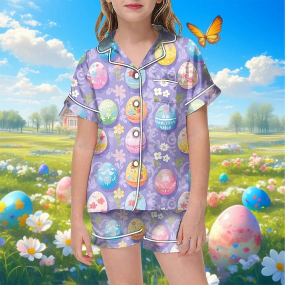 Boys Easter Pajamas Set Easter Bunny Print Button Down Short Sleeve Pajamas Set Kids Summer Pajamas 10-11 Years