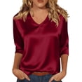 thumbnail image 3 of 3/4 Sleeve V Neck Women's Blouses Silk Satin Casual Dressy Tops Loose Fit Lightweight Soft Breathable Business Work Shirts, #02 Red, XXL, 3 of 7