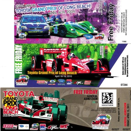 Long Beach Grand Prix 2009 2010 2011 ticket stubs (Dario Franchitti Ryan Hunter-Reay Mike Conway)