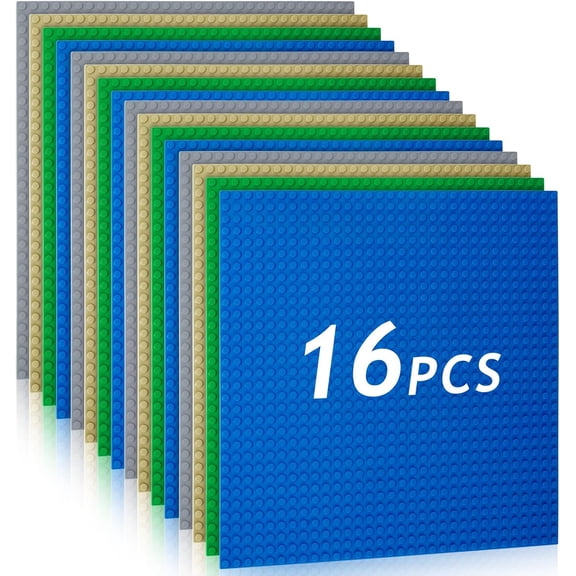 Classic Baseplates, 16 Pack Square 32x32 Stud Building Base, 10"×10" Large Building Board Base Plates, 100% Compatible with All Major Brands, Build and Display Board Set - Grey/Green/Sand/Blue