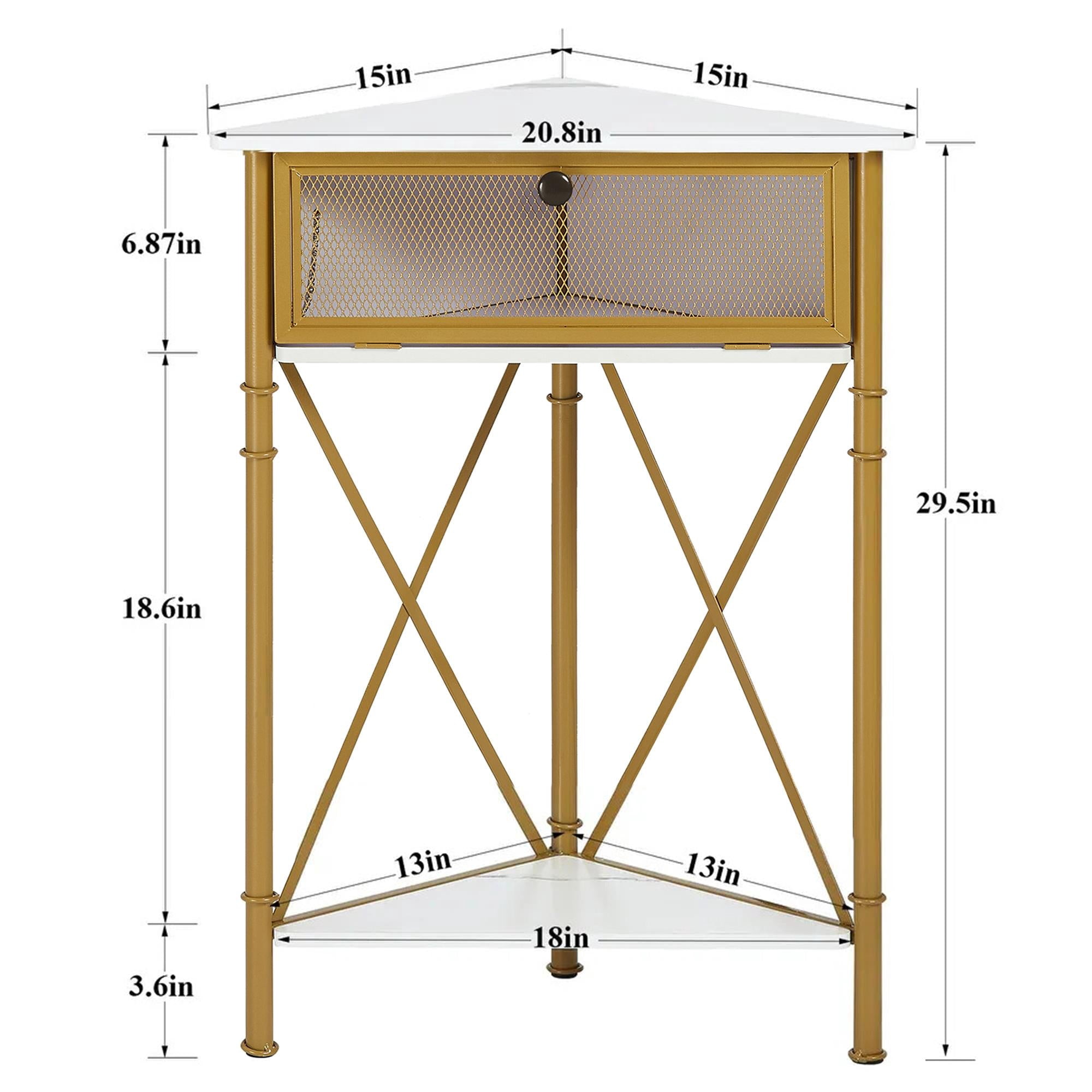 VECELO Corner Storage Cabinet with Flip Drawer and Shelf, Triangle X-Shaped Freestanding Floor Cabinet, White + Gold Frame