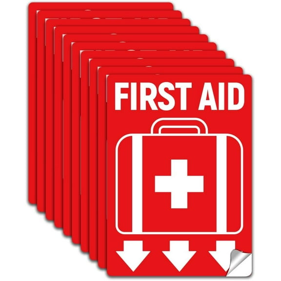10Pcs First Sign Sticker PVC Waterproof First Kit Sign Stickers Decal for Hospitals Business Shop Car Self Adhesive Emergency First Sign Labels for Wall Glass 5.1x7.1 Inch DIY