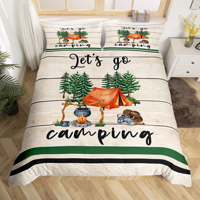 Kids Camping Themed Bedding Full Green Geometry Stripe Duvet Cover