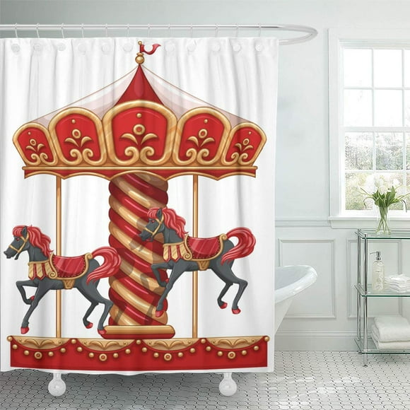 YUSDECOR Carrousel Red Carnival of Carousel Ride Horses on White Bathroom Decor Bath Shower Curtain 60x72 inch
