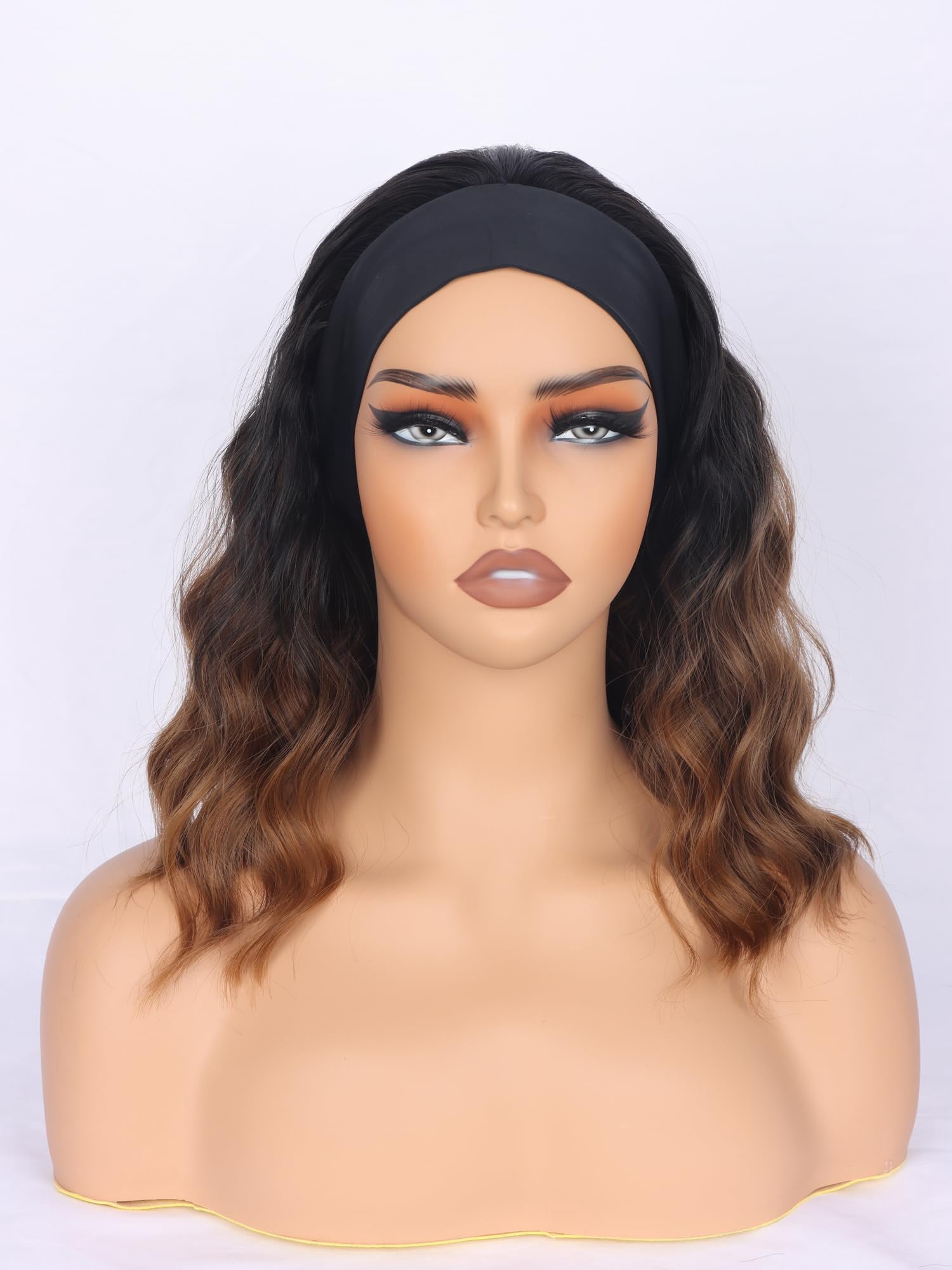 Black Headband Wigs With Brown Highlights For Women 14 Inch Wavy Heat Resistant Synthetic Soft Light Natural Looking Hair Replacement Wigs