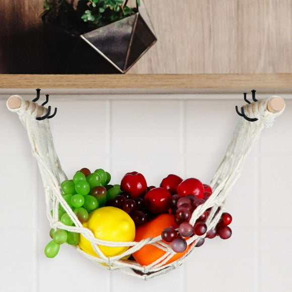 Under Cabinet Fruit Hammock, Macrame Basket for Kitchen Hanging Produce, Space Saving Handmade Cotton Banana Hammock, Easy Install Reusable 20 X 12 Inch, Large Capacity Storage