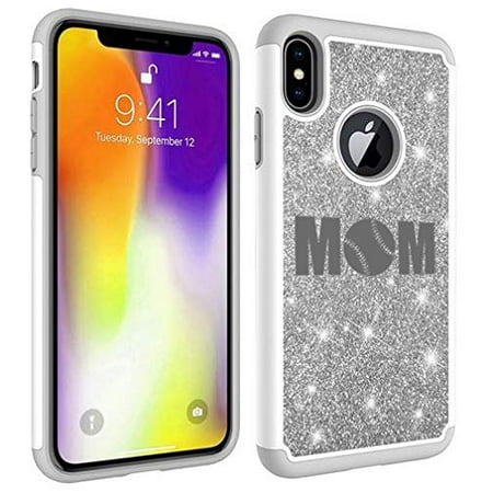 - Glitter Bling Sparkle Shockproof Protective Hard Soft Case Cover for Apple iPhone MOM Baseball Softball (Silver, for Apple iPhone XR)