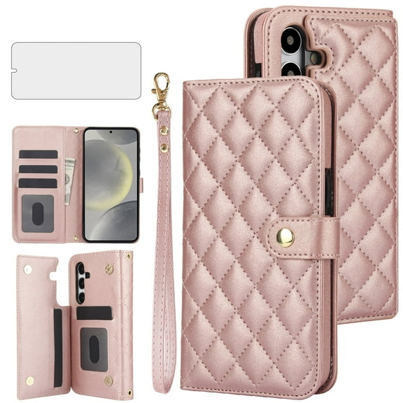 Asuwish Phone Case for Samsung Galaxy S24/S25 5G Wallet Cell Cover with Tempered Glass Screen Protector Lanyard Wrist Strap Card Holder Slot Stand S 24 24S 25 25S G5 SM-S931U Women Girls RoseGold