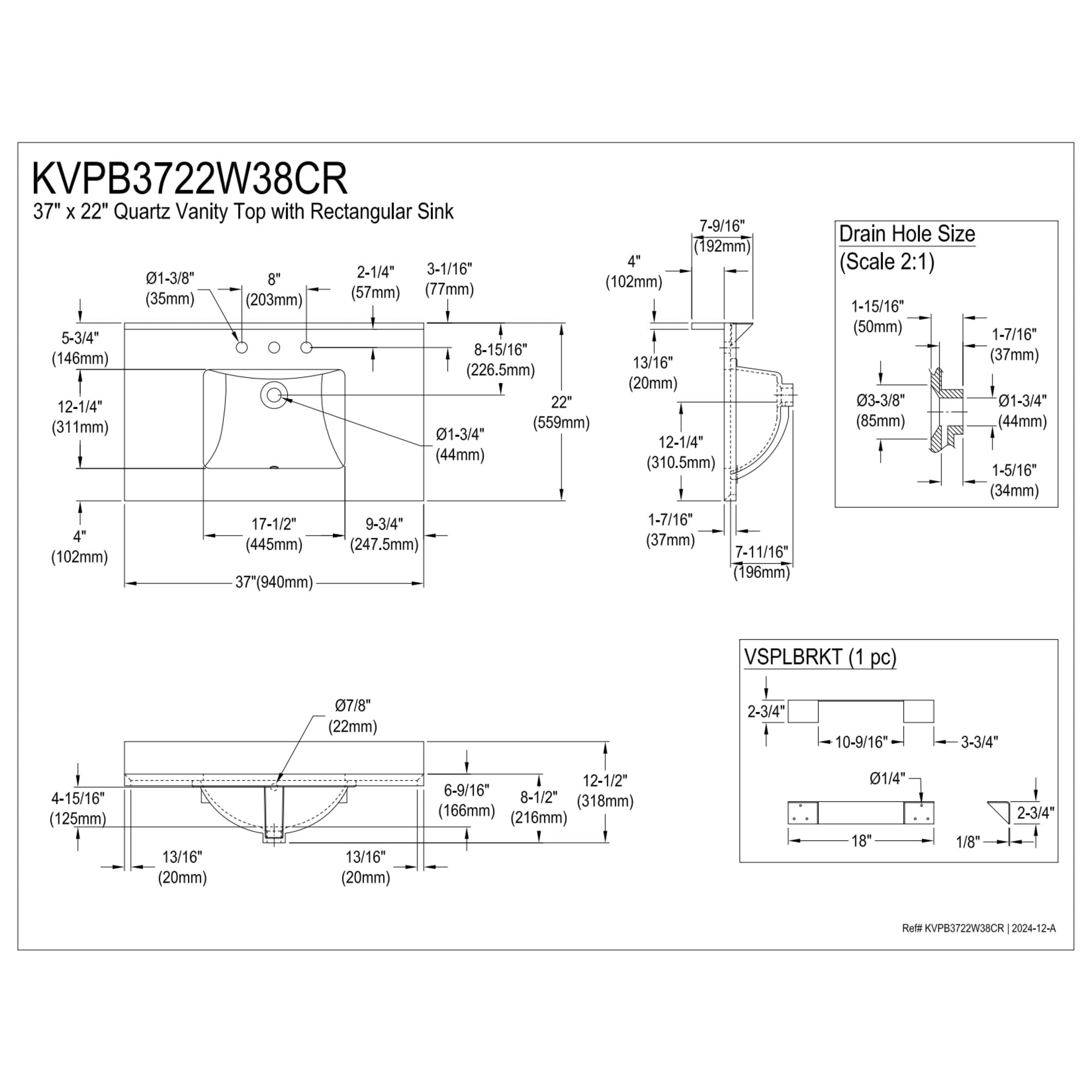 Kingston Brass KVPB3722W38CR Ferrara 37-Inch Quartz Vanity Top (8" Faucet Drillings) in Quartz White