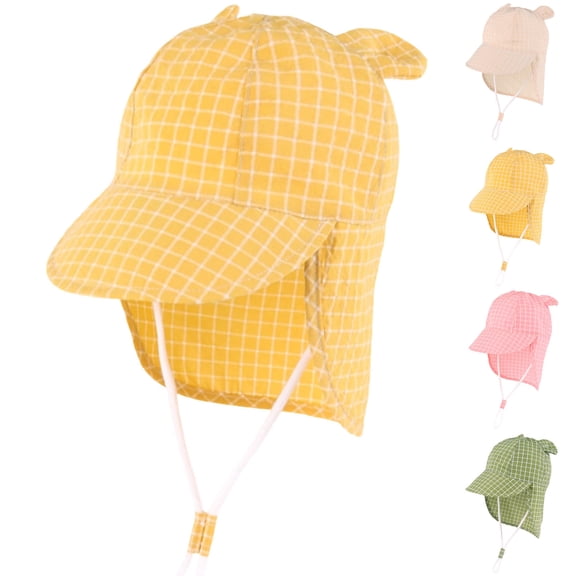 Jinhomg Toddler Flap Hat Kids Gingham Print Sun Hats with Neck Flap Bear Ears Cotton UPF Sun Protection Sunscreen Caps with Adjustable Chin Strap,Pink