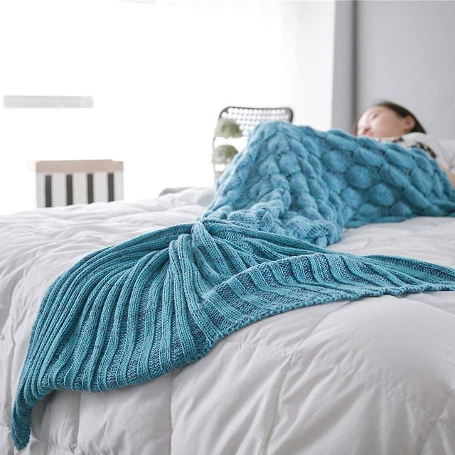 Manta de sirena, saco de dormir con cola de pez, manta de sofá con patrón de escala de pescado, regalos para niñas, todas las estaciones, 200x90 cm (azul lago) Feliz Sencillez