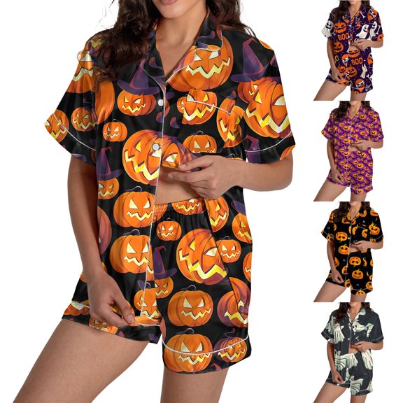 siminsem Womens Graphic Printed Satin Pajama Set Cute Short Sleeve Button Front Top with Matching Shorts 2 Piece Sleepwear Loungewear Cozy Night Outfit, Orange,L