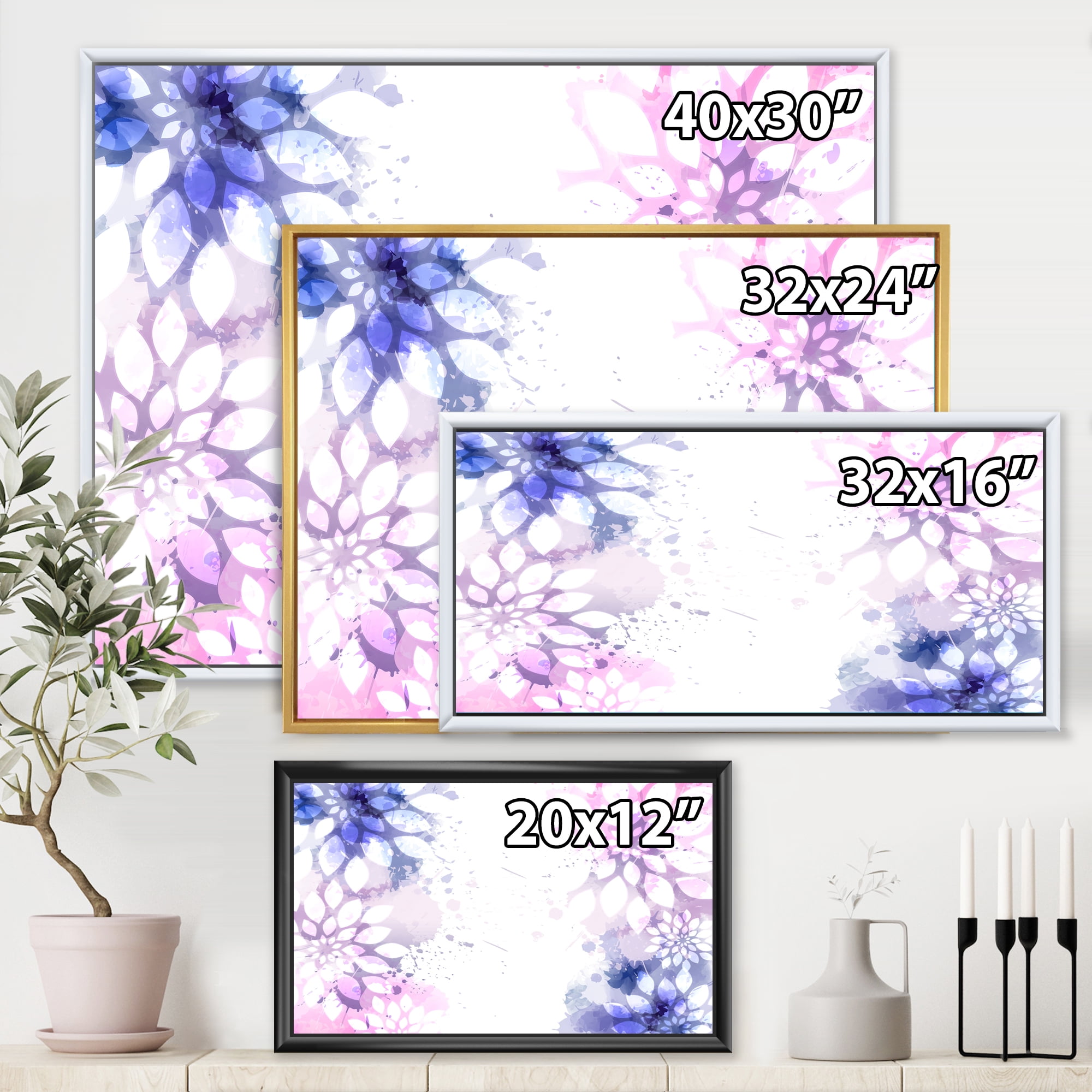 Pink and Purple Abstract With Colorful Splashes II 32 in x 16 in Framed Painting Canvas Art Print, by Designart