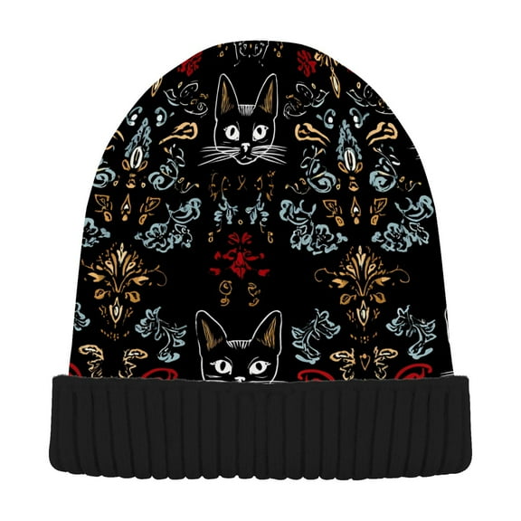 joogoo Vintage Cats Flower Beanie Hats Cuffed Winter Warm Knit Thick Beanies