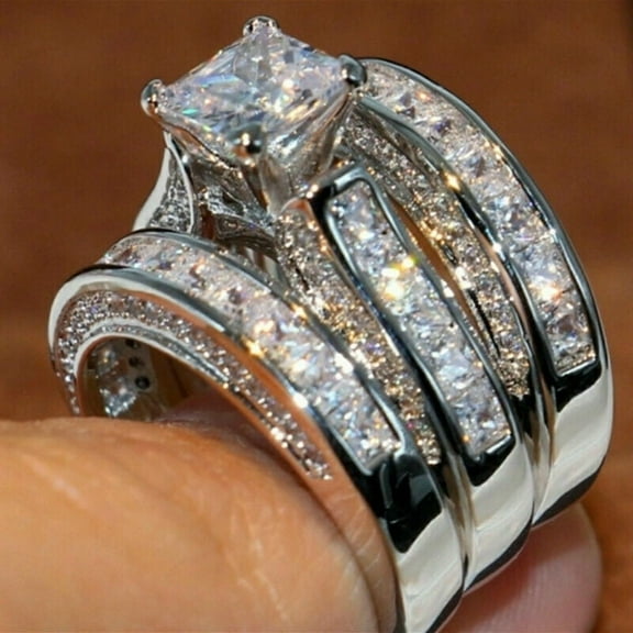 Sparkle Jewels Women's Bridal Wedding 3 Piece Ring Set 14K White Gold Finish Silver