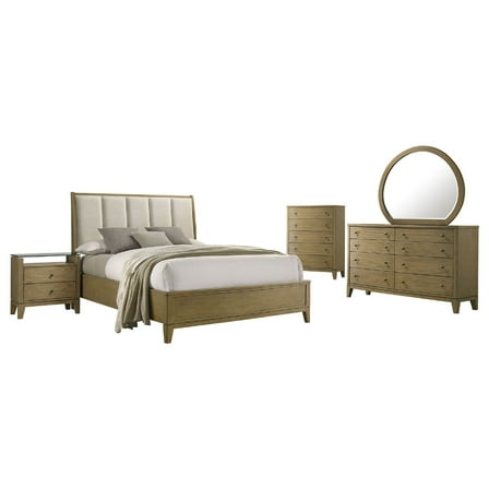 Benjara Heon 5pc Queen Bedroom Set, Beige Tufted Headboard, Natural Brown