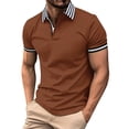 thumbnail image 2 of Telankuip Summer Mens Polo Shirts Stripe Color Blocking Button Standing Collar Short Sleeved Sports T Shirt Comfortable Slim Fit Breathable Fashion Tee for Daily Wear Brown L, 2 of 5