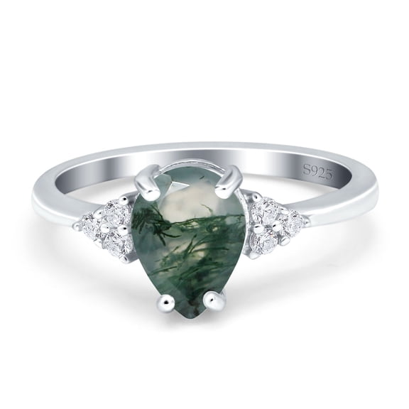 Pear Teardrop Natural Green Moss Agate Wedding Ring 925 Sterling Silver Size 5