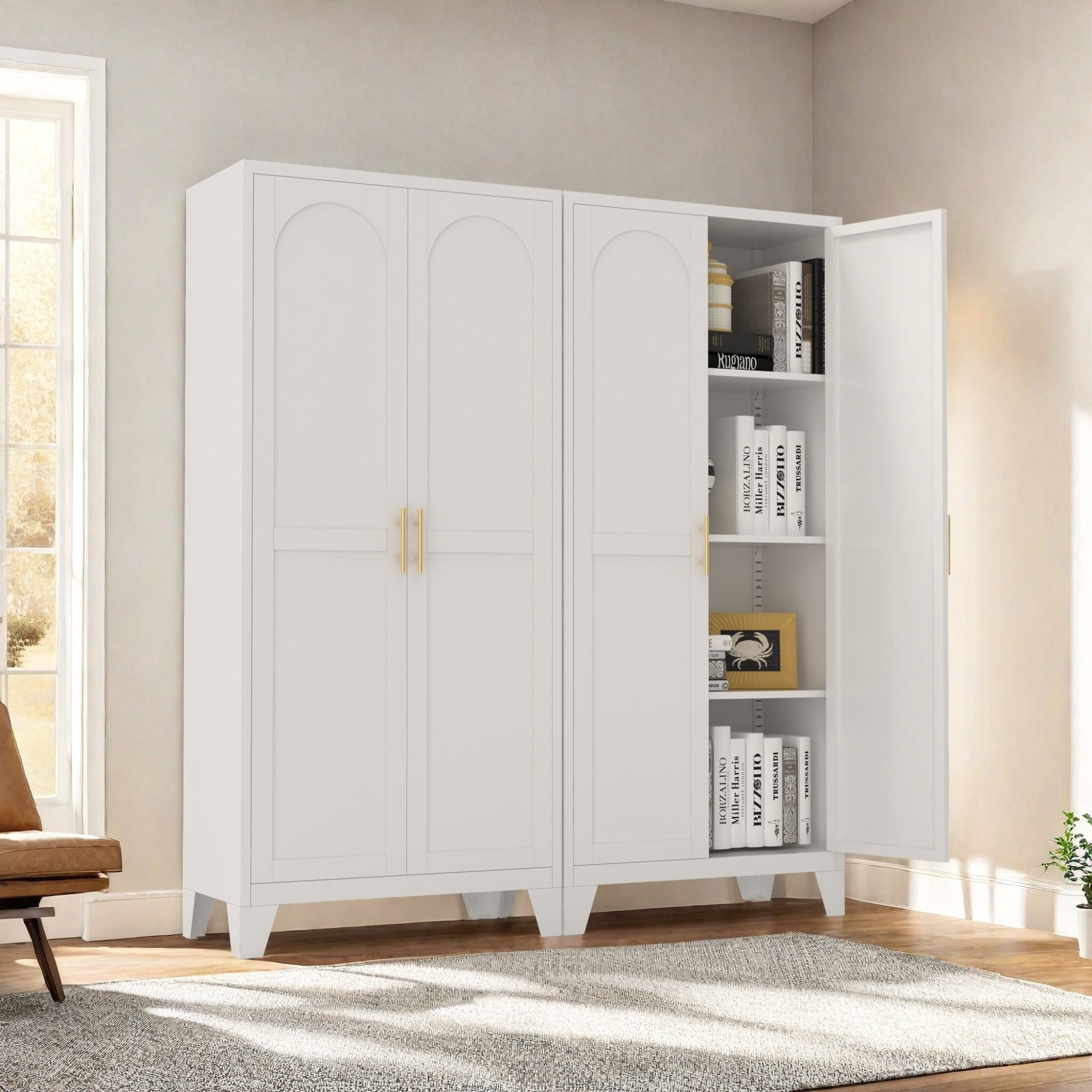 HOQBN 61"H Metal Storage Cabinet with 2 Doors & Adjustable Shelves,Freestanding Kitchen Pantry Storage Cabinet,Tall Steel Cabinet for Bedroom,Living Room,Office,White