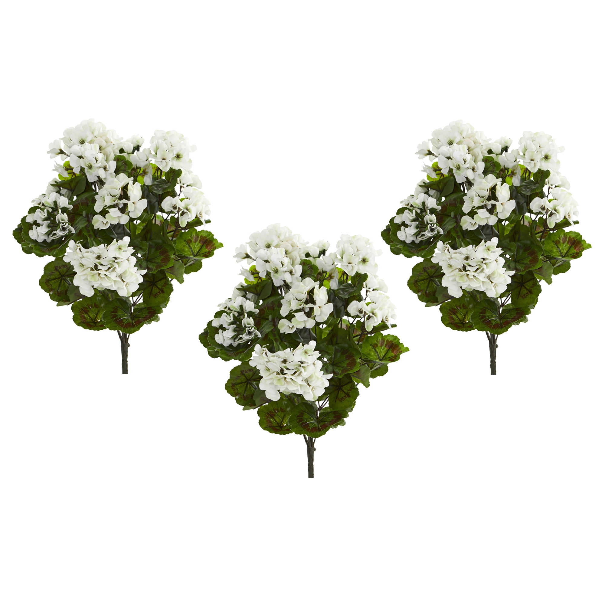 Nearly Natural White Geranium Artificial Flower Bush, UV Resistant, Set of 3