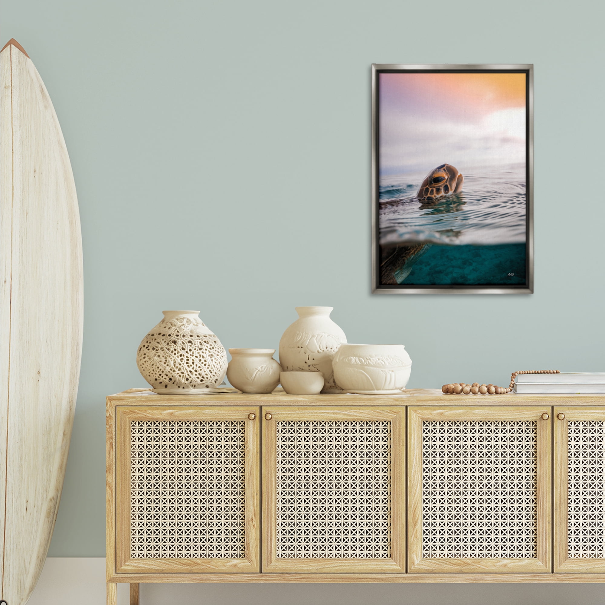 Stupell Industries Turtle Swim at Sunrise Animals Photography Gray Floater Framed Canvas Art Print Wall Art, 21 x 31