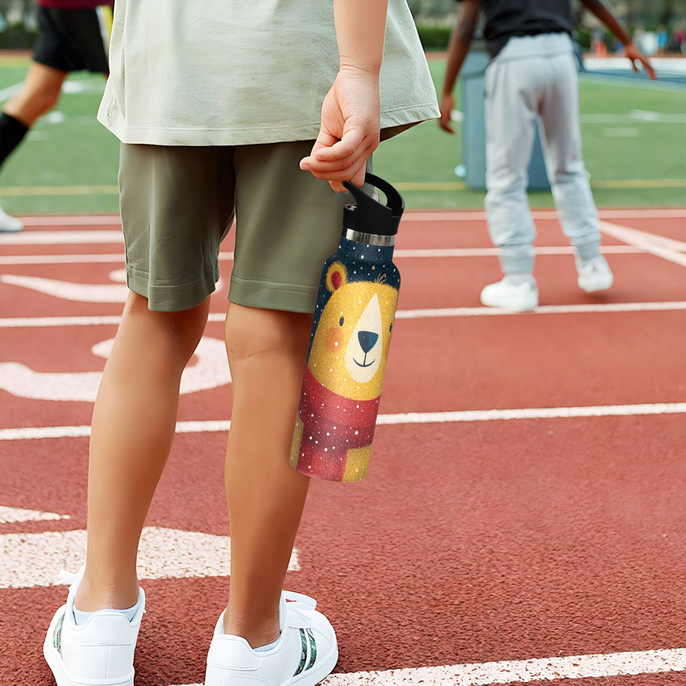 600ML Stainless Steel Insulated Cup Sports Water Bottle Portable Thermos Cup Water Glasses Insulated Tumblers Convenient and Durable Christmas Yellow Bear