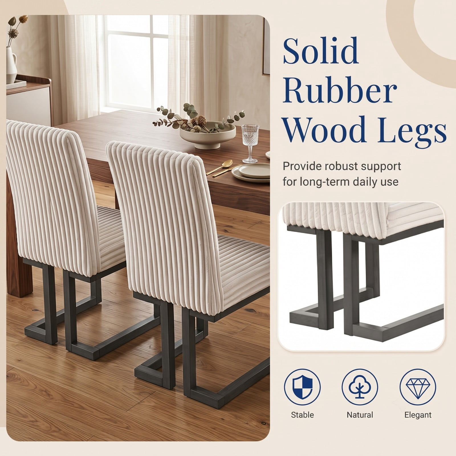 Furnibear Upholstered Dining Chairs Set of 2, Fabric Accent Kitchen Side Chairs with Solid Rubber Wood Legs, Padded Cushion Seat & Channel Tufted, Living Room - Beige