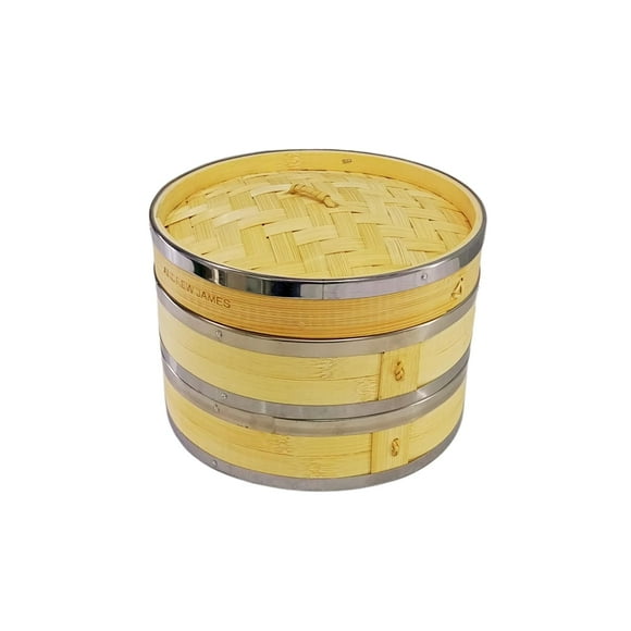 2 Tier Round Shape Momos Steamer Bamboo Box Attachment With Stainless Steel Strip Formation - Brown, 7 Inches | Bamboo Steamer For Dhokla, Idli, Momos Maker - Dim Sum Steamer - Wanton Steamer
