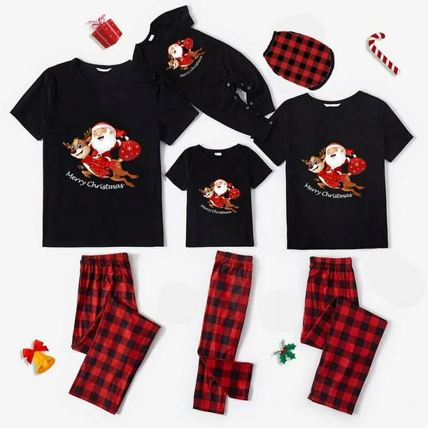 Pijamas familiares a juego de Navidad diseno exclusivo de Papa Noel y ciervo caja de regalo conjunto de Pijamas cortos negros Walmart en linea