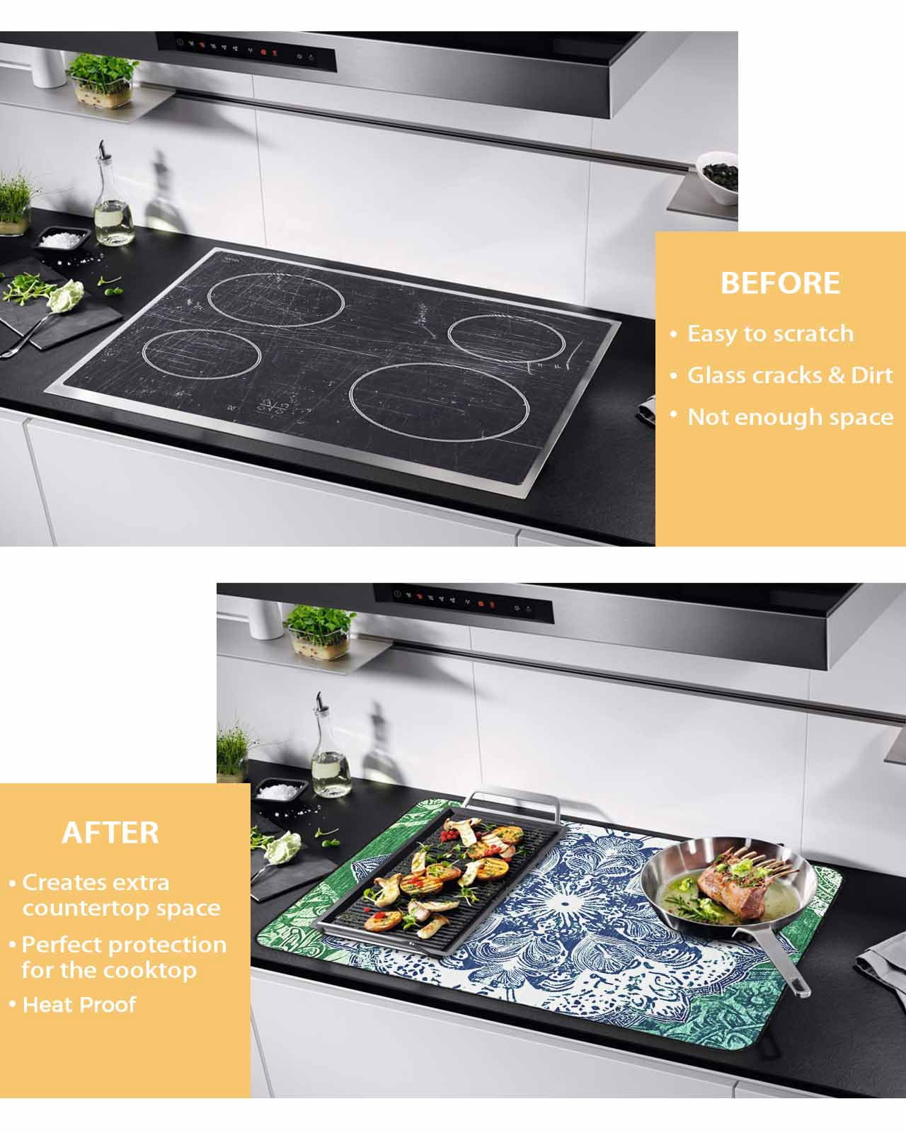 nqOlkjepod Large Induction Cooktop Protector Mat 28.5"x20.5", Blue Floral Pattern Stove Top Covers for Electric Stove, Vintage Green Teal Ombre Stove Burner Cover Mats, Glass Top Stove Cover