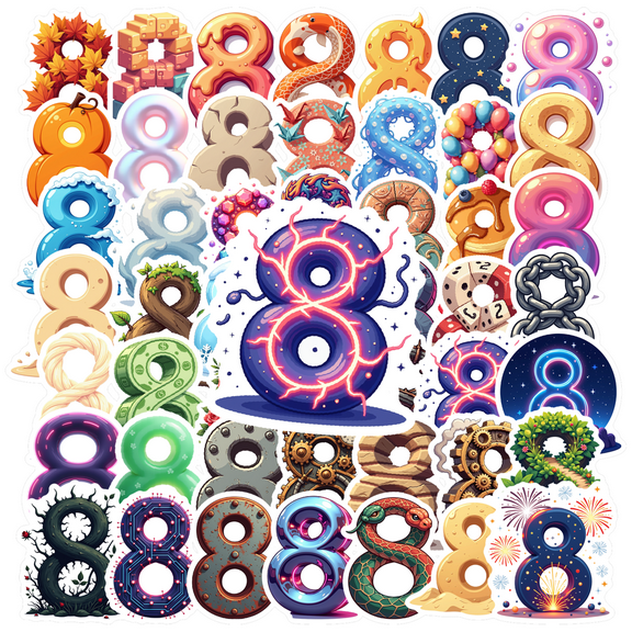 Cartoon Number 8 Theme Stickers, Waterproof Number 8 Theme Sticker for Water Bottle Laptop Phone Cases Planner Skateboard Luggage Helmet Party Favor Decor, Ideal for Adults Teens Teacher Rewards