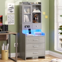 Toogaho Tall Nightstand with Charging Station, LED Bedside Table with Bookshelf and Drawers, Gray