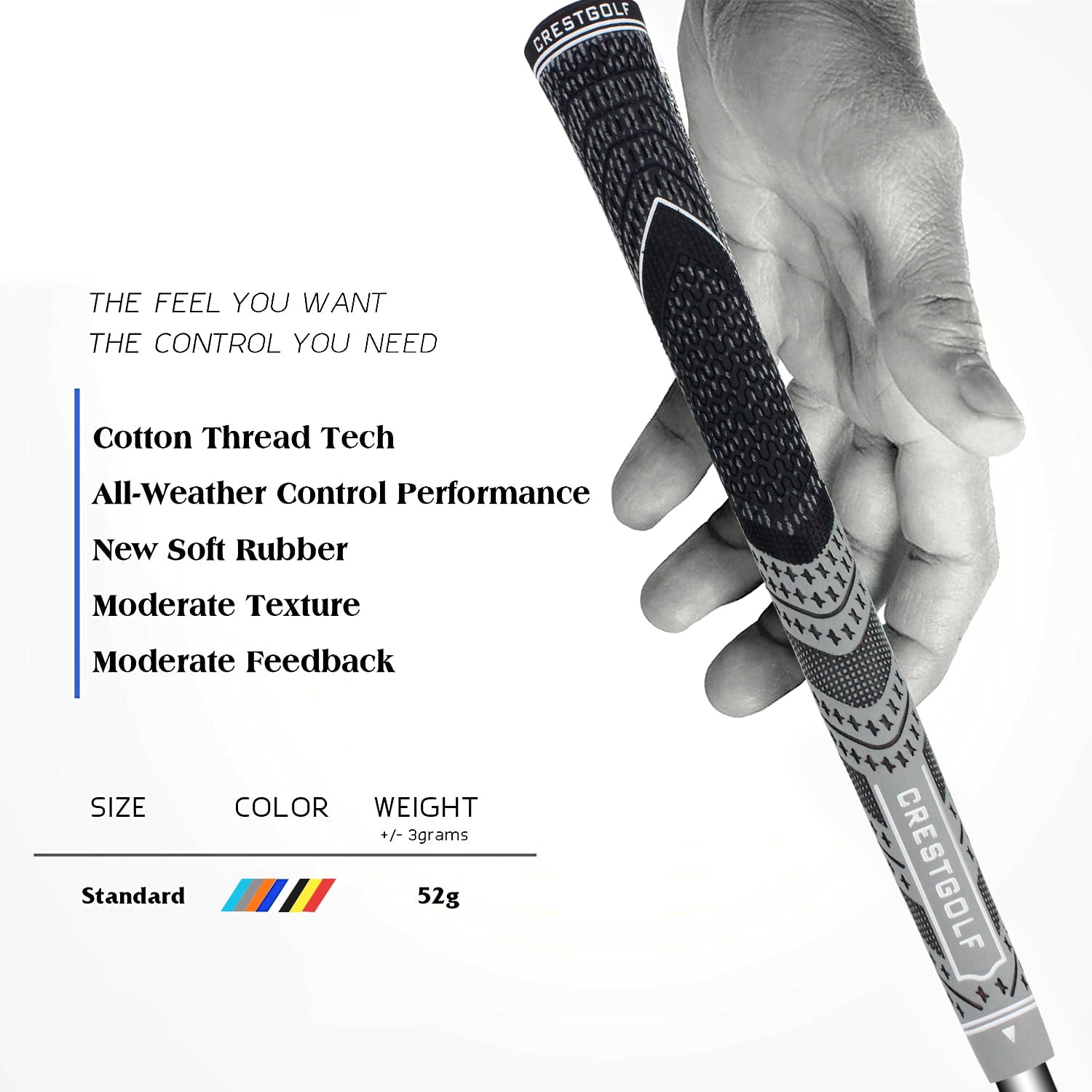 Crestgolf Golf Grips 13pcs Standard/Mid Size All-Weather Control Thread Technology Rubber Combine with Carbon Yard, Anti-Slip