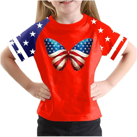 GERsome Girls Boys T-Shirts for 4th of July, American Flag Short Sleeve Tee, Crewneck T-Shirts for Kids, 7-8 Years